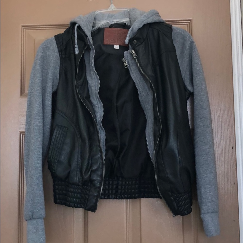 Leather black bomber jacket with grey hoodie